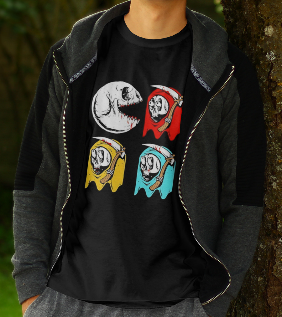 Pac Man Skeleton Skull Ghost Grim Reaper Red Yellow Blue T-Shirt