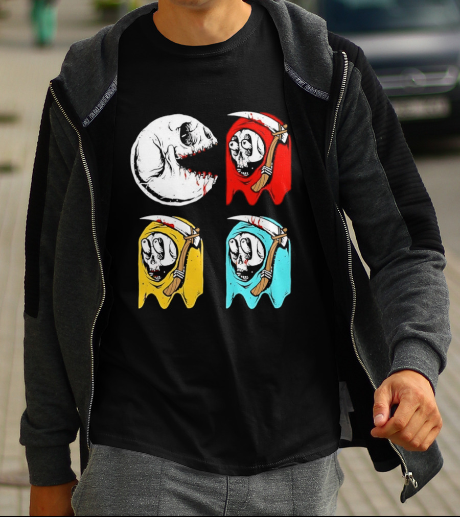 Pac Man Skeleton Skull Ghost Grim Reaper Red Yellow Blue T-Shirt