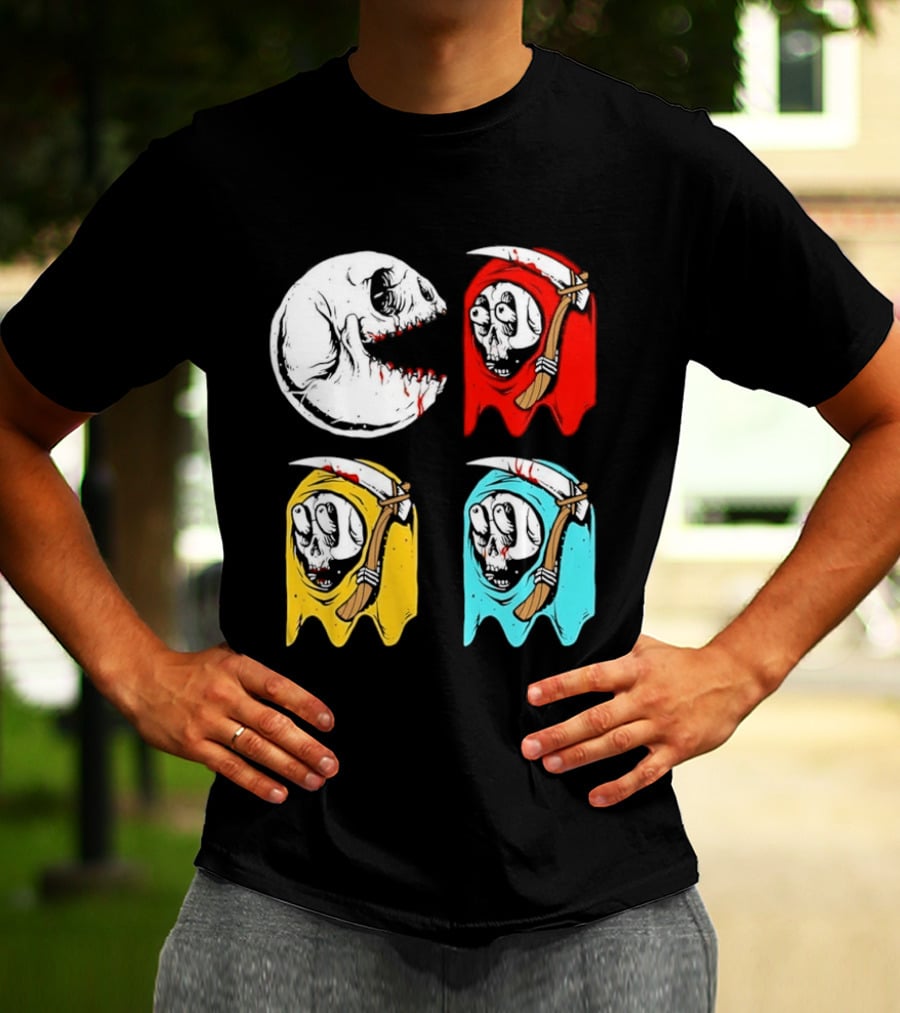Pac Man Skeleton Skull Ghost Grim Reaper Red Yellow Blue T-Shirt