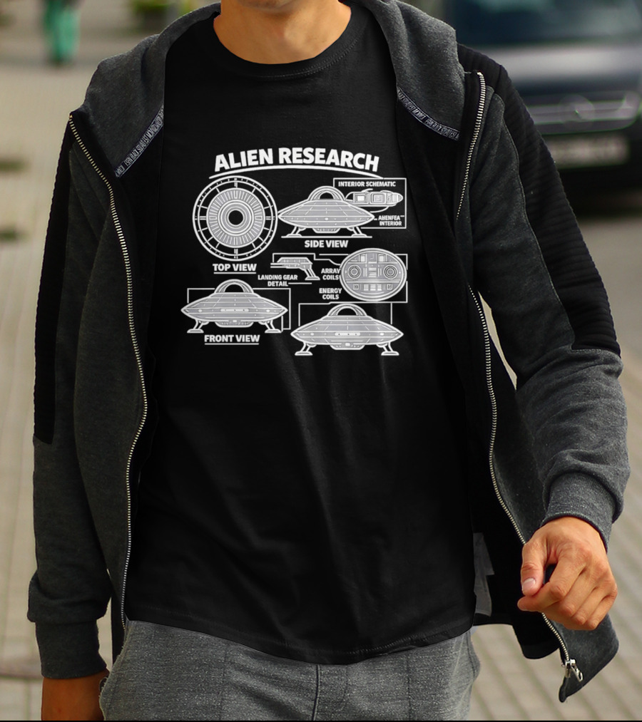 Extraterrestrial Vehicle Alien Research UFO Schematic Top View Front View Side View Analysis T-Shirt