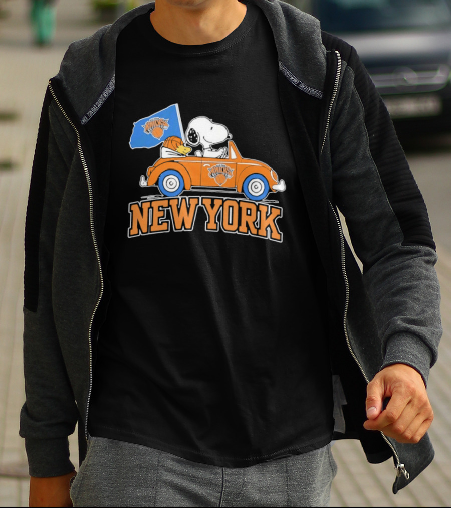 New York Knicks Snoopy Woodstock Driving Car Collaboration 2026 T-Shirt