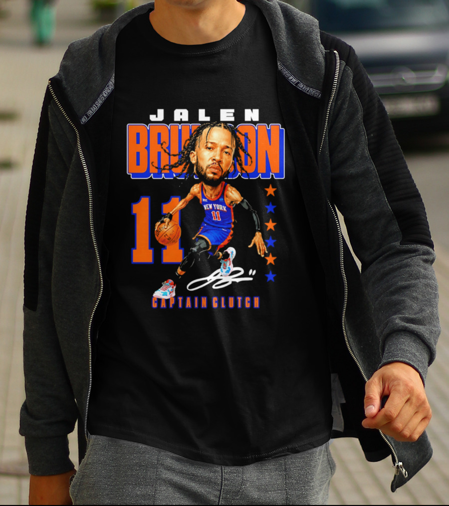 Jalen Brunson New York 11 Captain Clutch Caricature T-Shirt