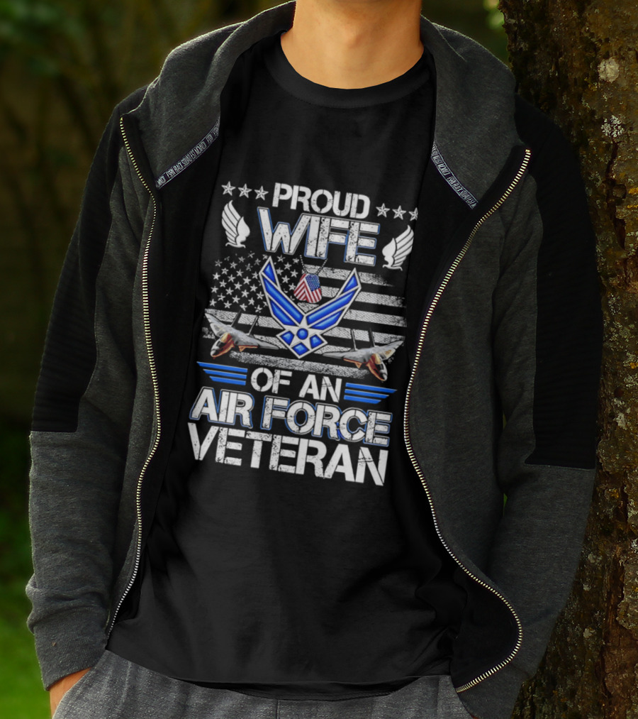 Proud Wife Air Force Veteran Flag USA Symbol Wings F 15 Jets T-Shirt