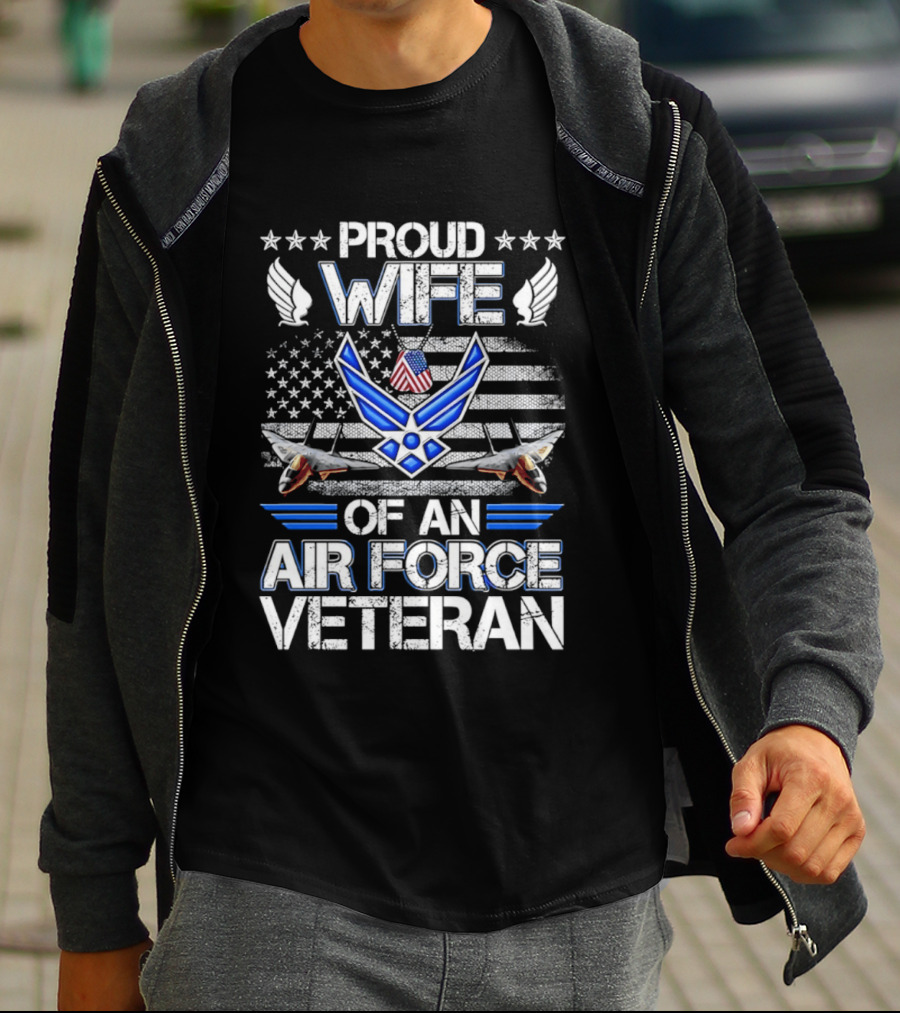 Proud Wife Air Force Veteran Flag USA Symbol Wings F 15 Jets T-Shirt