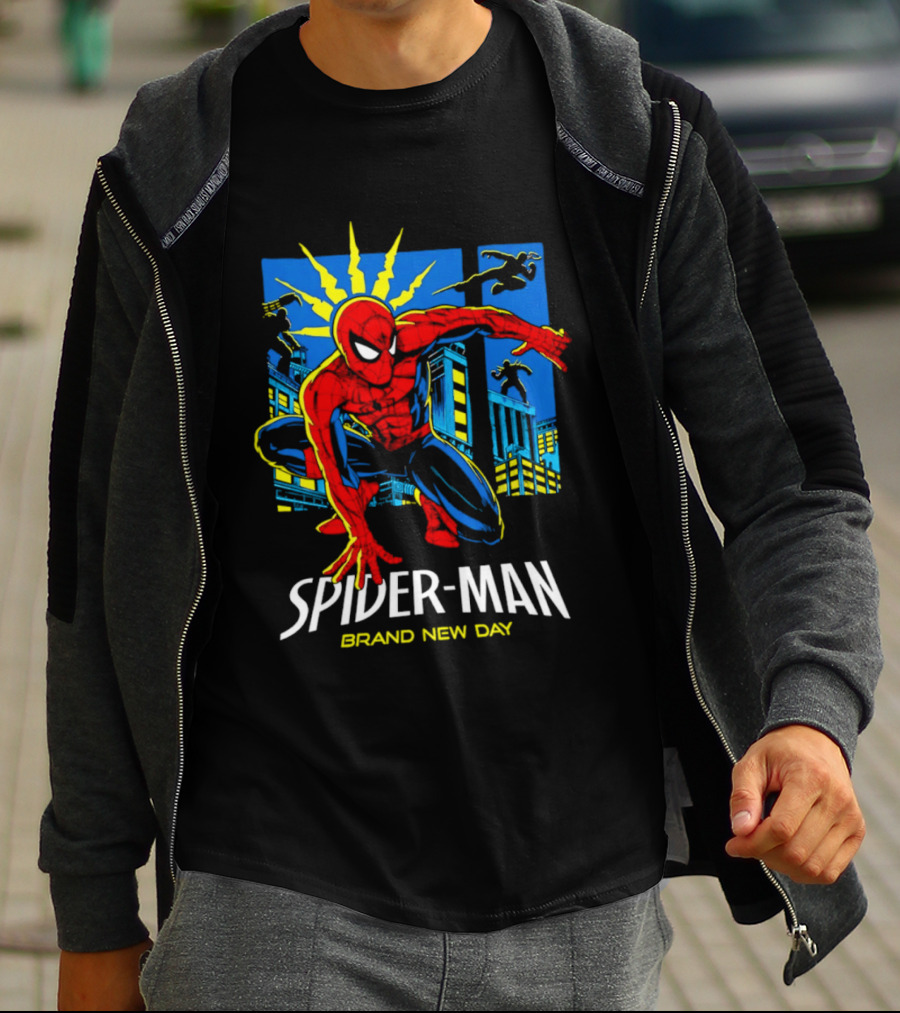 Spider Man Brand New Day Marvel Comics Dynamic Cityscape Action T-Shirt