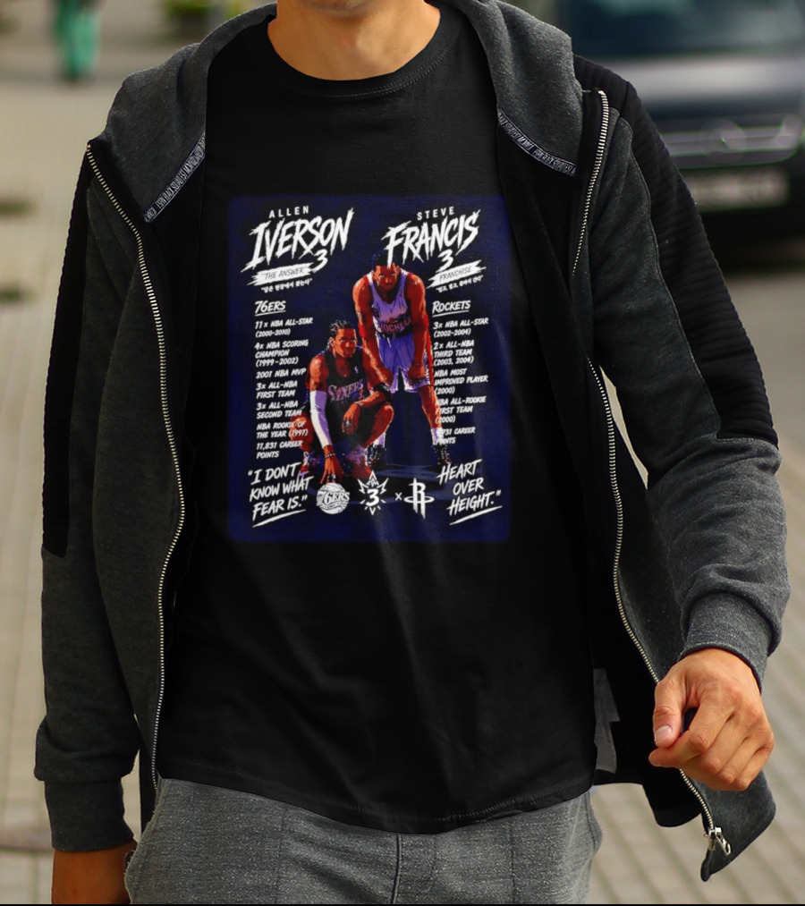 Allen Iverson Steve Francis 3 NBA 76ers Rockets All Star Fearless Heart Over Height T-Shirt
