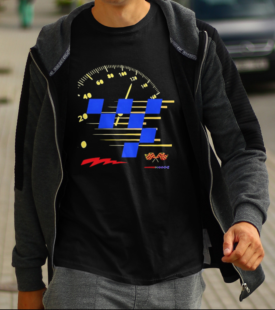 Automotive Racing Speedometer Blue Checkered Flags And Gold Accents T-Shirt