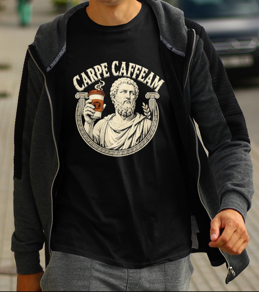 Carpe Caffeam Ancient Philosopher Coffee Cup Greek Column Statue T-Shirt