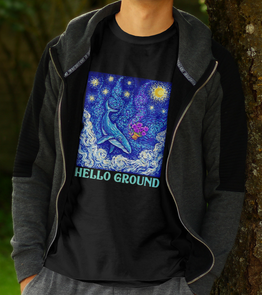 Hello Ground Whale Floating In Starry Night Van Gogh T-Shirt