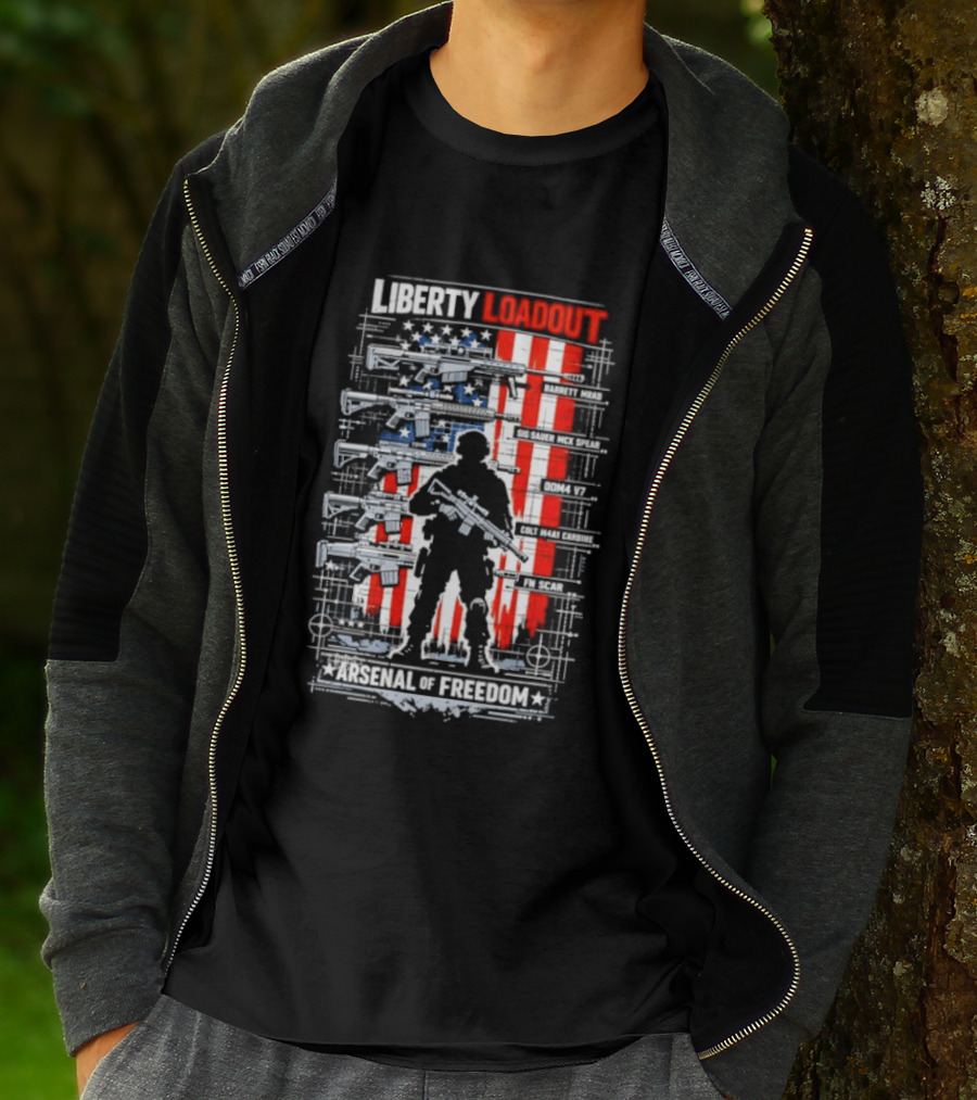 Liberty Loadout Arsenal Of Freedom USA Flag Soldier T-Shirt