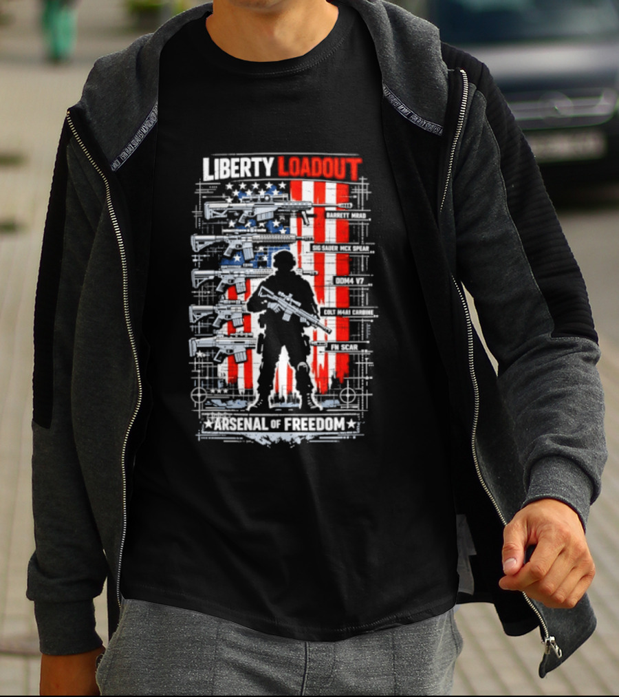 Liberty Loadout Arsenal Of Freedom USA Flag Soldier T-Shirt