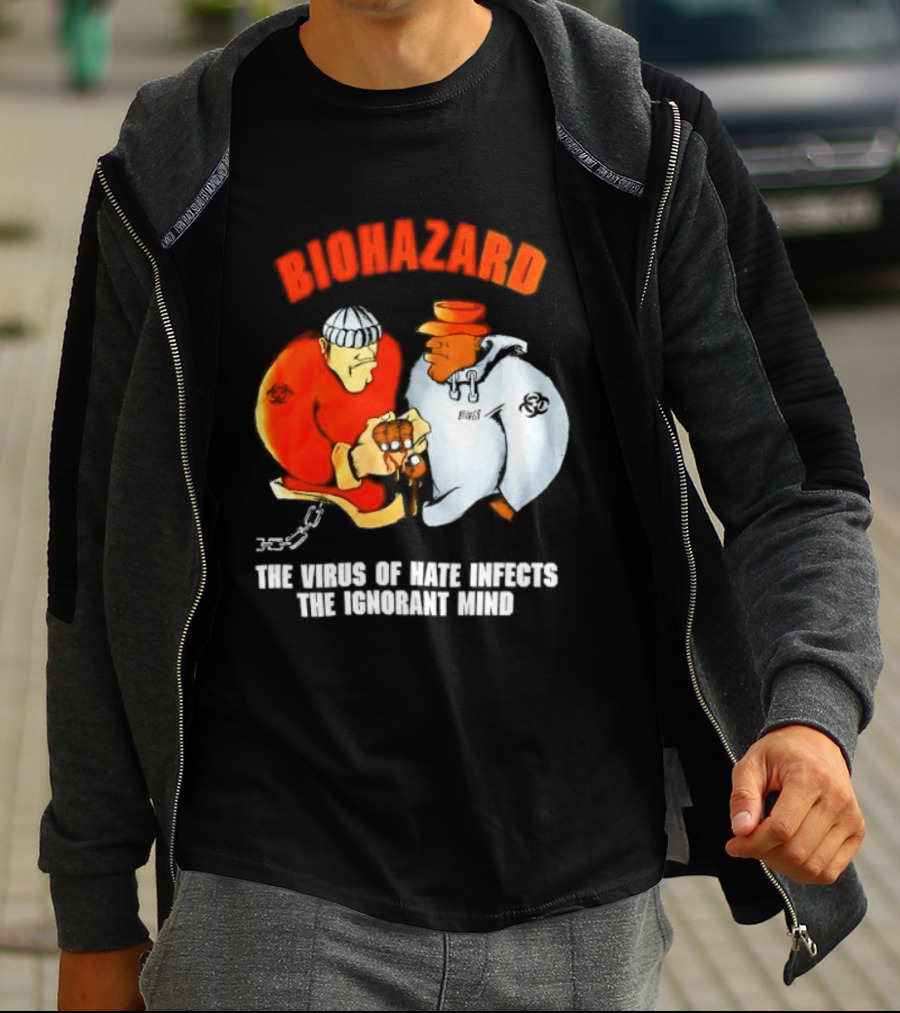 Biohazard The Virus Of Hate Infects The Ignorant Mind Orange And White Figures Confrontation T-Shirt