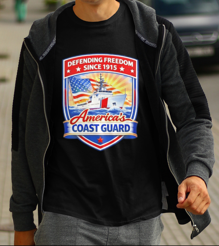 Defending Freedom Since 1915 America's Coast Guard US Flag Ship T-Shirt