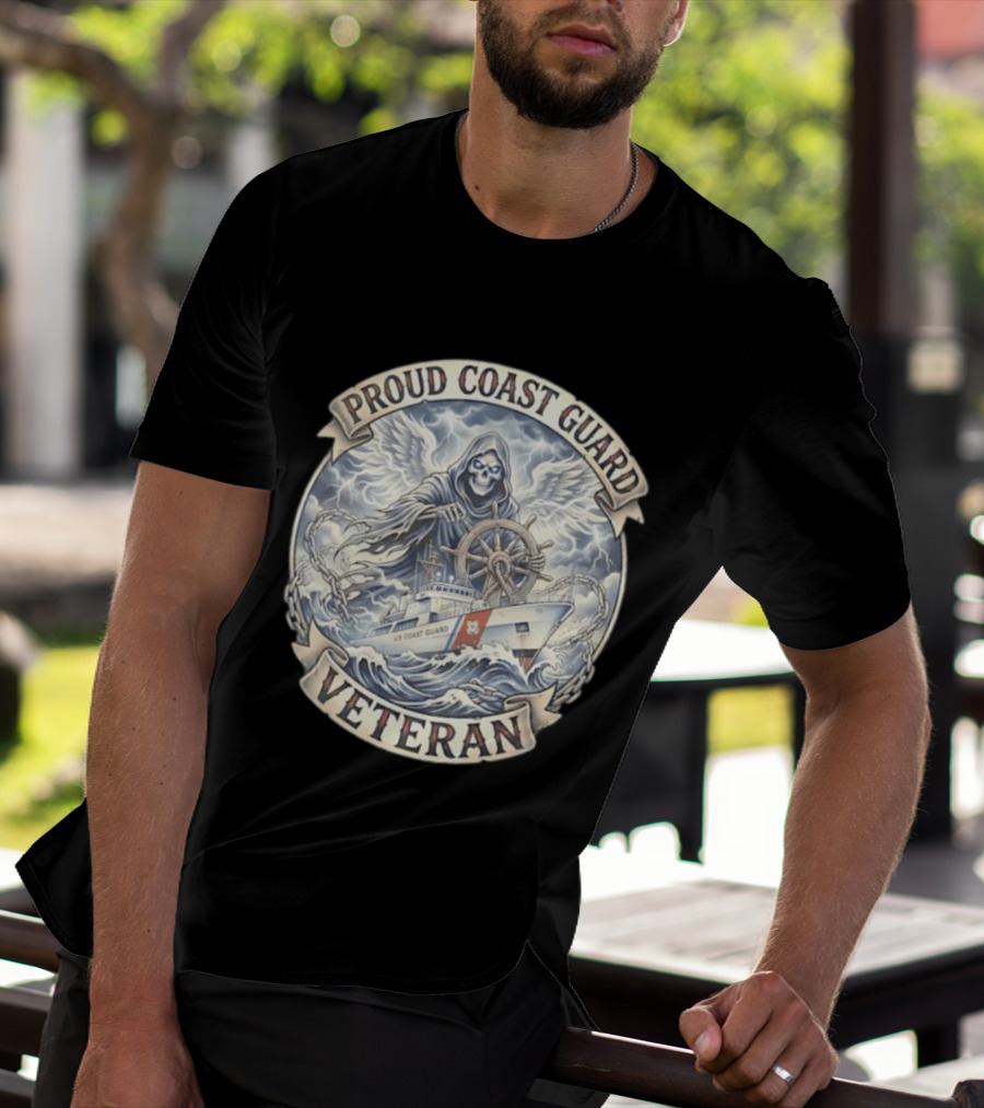 Proud Coast Guard Veteran Grim Reaper With Ship And Wheel T-Shirt