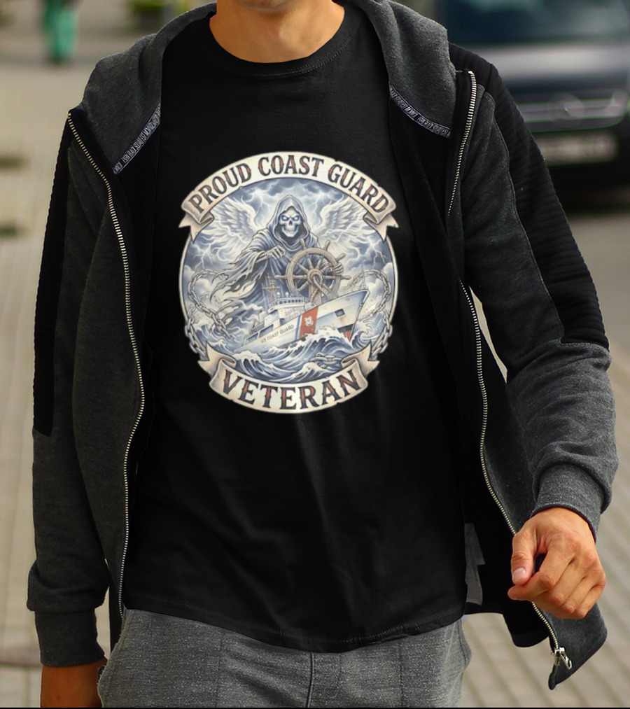 Proud Coast Guard Veteran Grim Reaper With Ship And Wheel T-Shirt