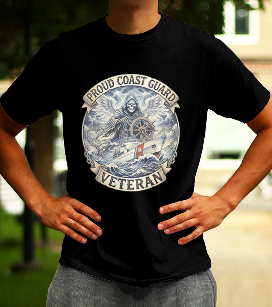 Proud Coast Guard Veteran Grim Reaper With Ship And Wheel T-Shirt