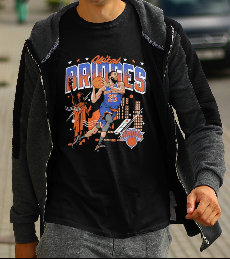 Mikal Bridges New York Knicks Basketball Skyline Statue Of Liberty T-Shirt