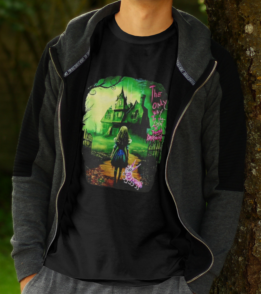 The Only Way To The Light Is Through Darkness Alice In Wonderland Horror Dark Gothic Mansion Path Rabbit T-Shirt