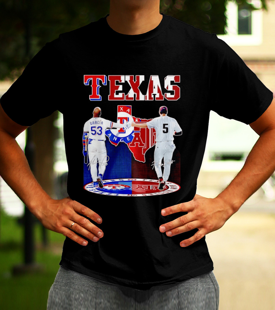 Texas Rangers Adolis Garcia And Texas A&M Aggies Hunter Schott Split Map T-Shirt