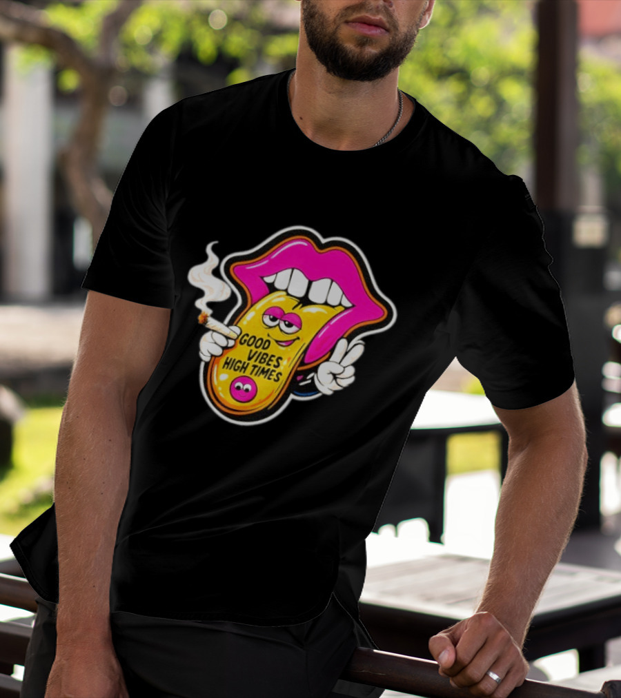 Good Vibes High Times Smoking Tongue And Peace Sign T-Shirt