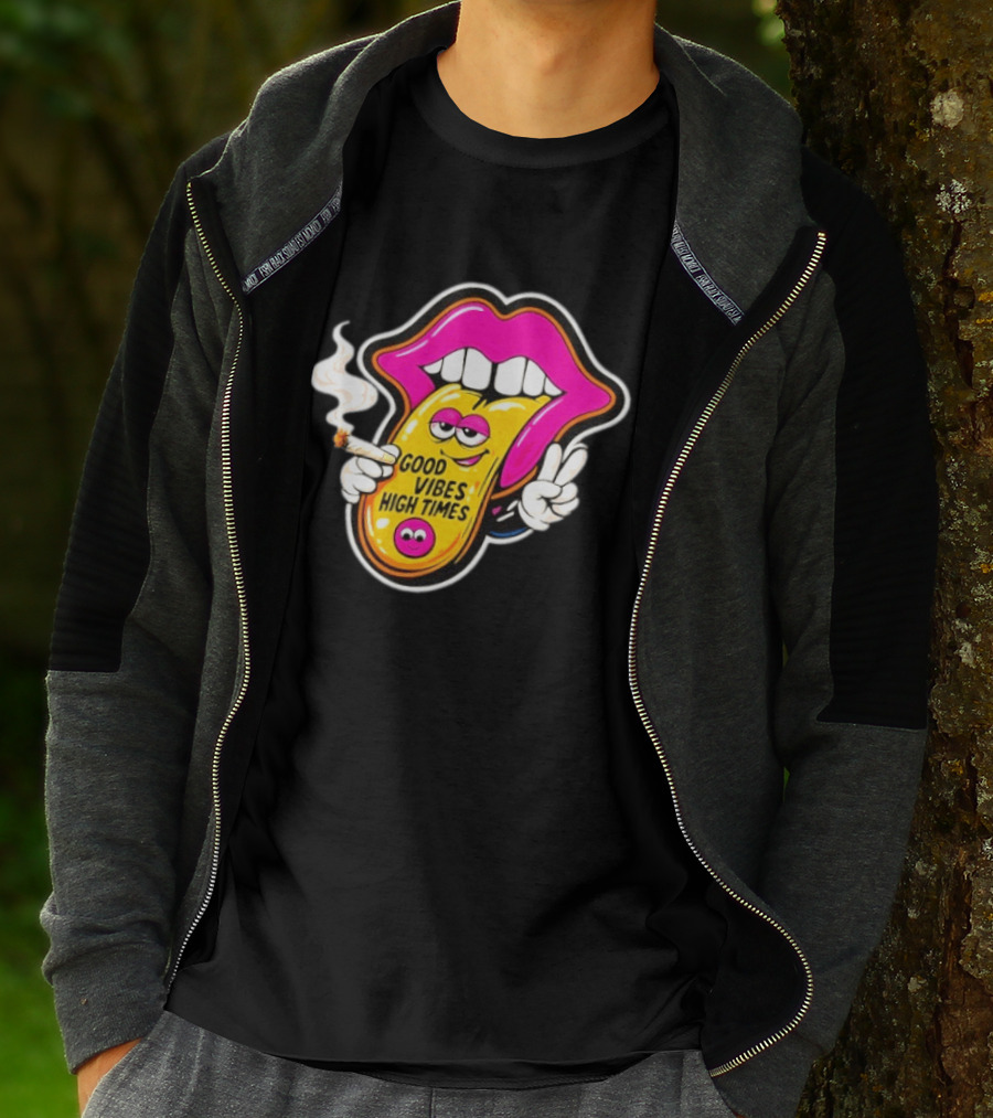 Good Vibes High Times Smoking Tongue And Peace Sign T-Shirt