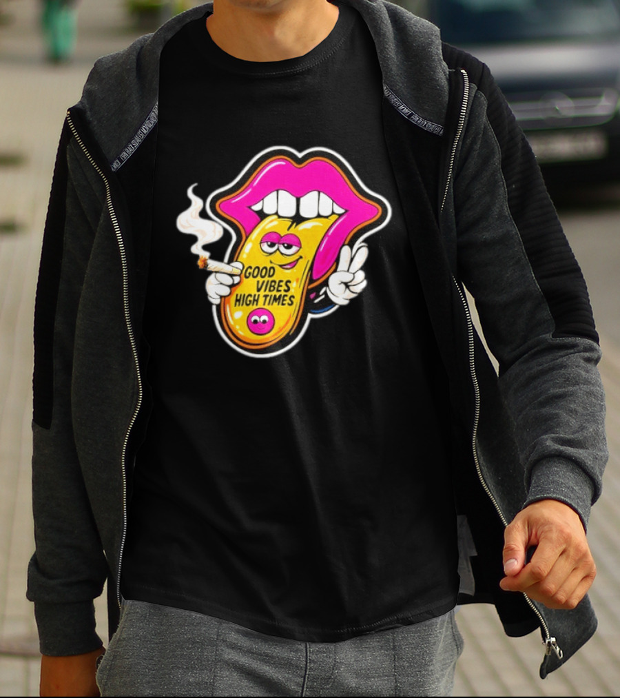 Good Vibes High Times Smoking Tongue And Peace Sign T-Shirt