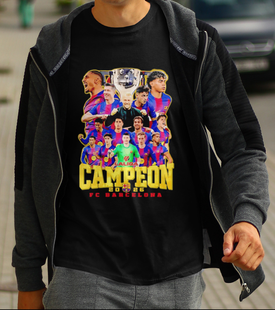 Hansi Flick Robert Lewandowski Lamine Yamal Pedri Raphinha FC Barcelona LaLiga Campeón 2026 T-Shirt