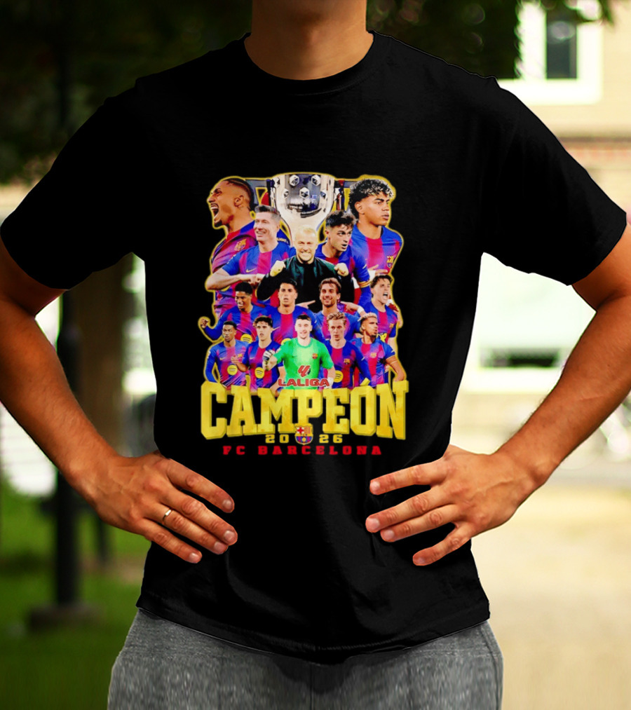 Hansi Flick Robert Lewandowski Lamine Yamal Pedri Raphinha FC Barcelona LaLiga Campeón 2026 T-Shirt