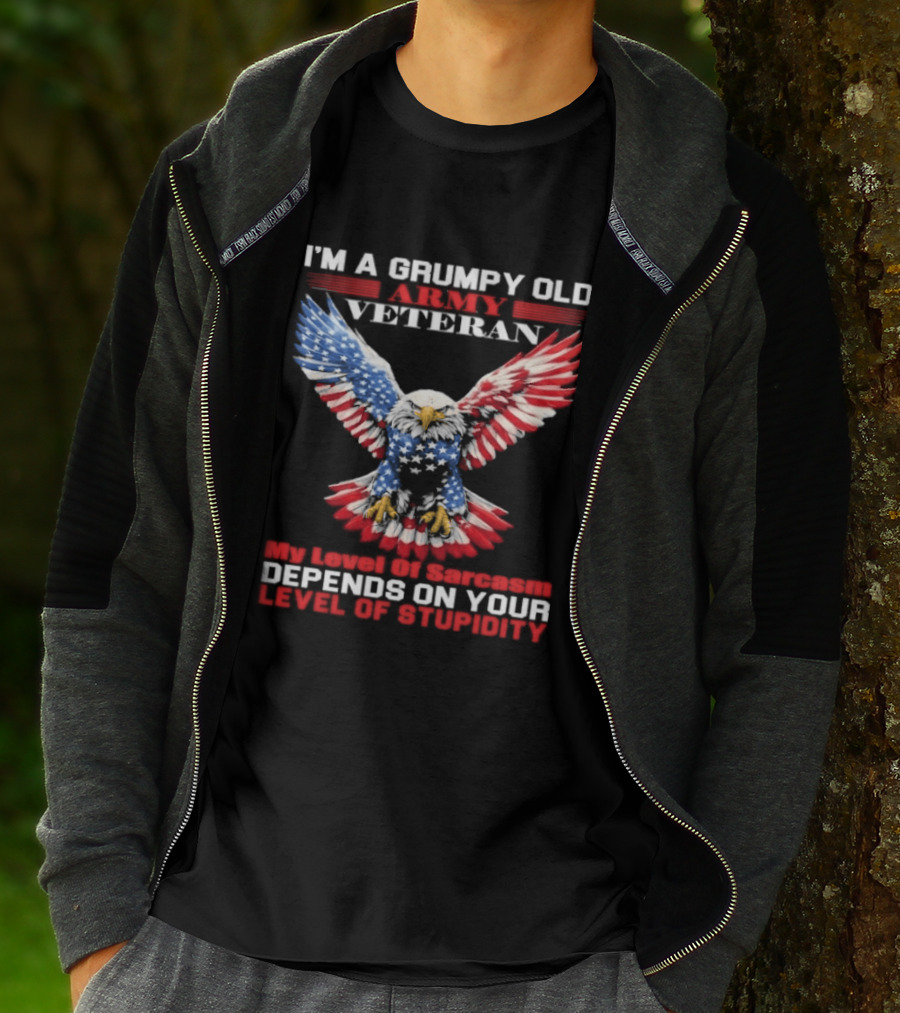 Grumpy Old Army Veteran Sarcasm Depends On Your Stupidity Patriotic Eagle T-Shirt