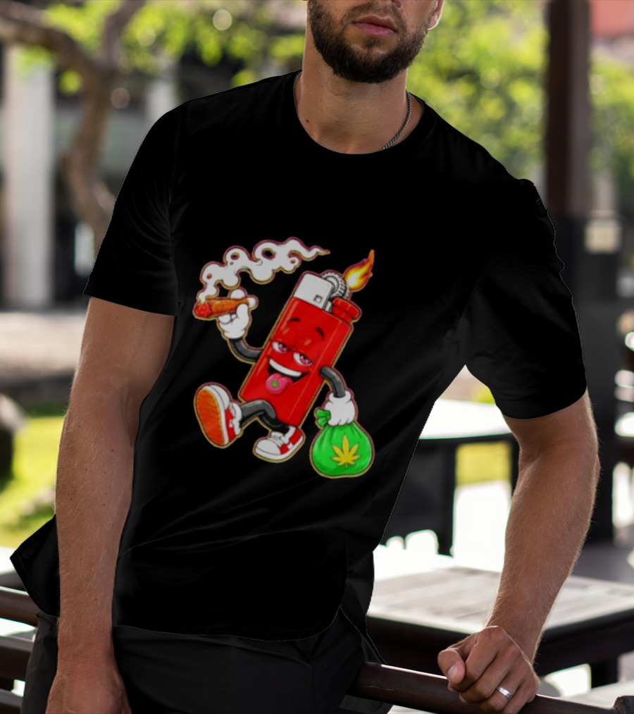 Flame Lighter And Smoking Joint With Cannabis Bag Cartoon T-Shirt