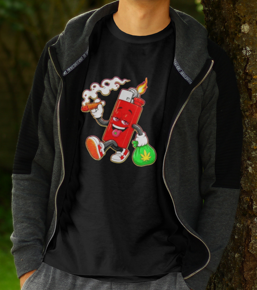 Flame Lighter And Smoking Joint With Cannabis Bag Cartoon T-Shirt