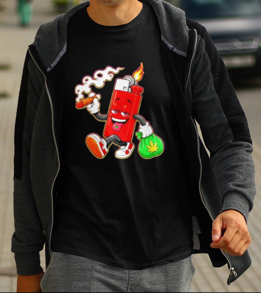 Flame Lighter And Smoking Joint With Cannabis Bag Cartoon T-Shirt