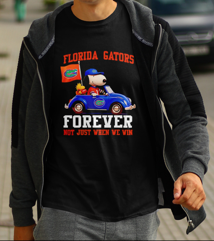 Peanuts Snoopy Woodstock In Blue Car Florida Gators Forever Not Just When We Win T-Shirt