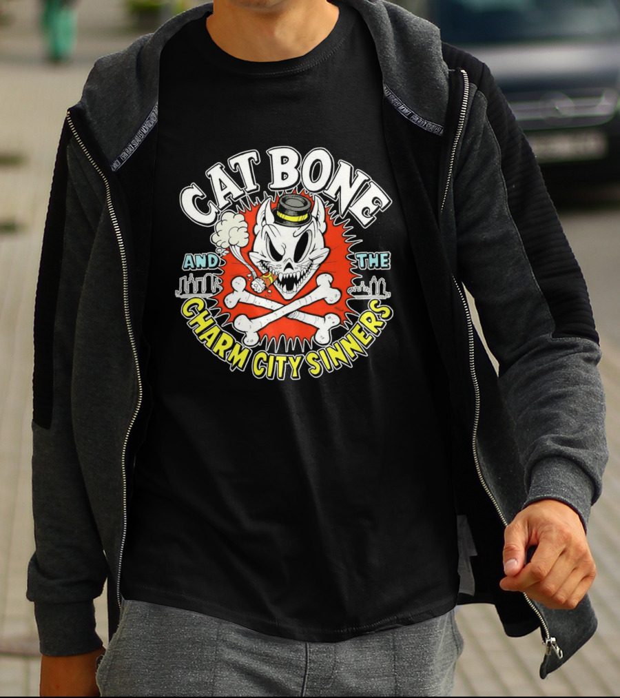 Cat Bone And The Charm City Sinners Smoking Skull And Crossbones Top Hat T-Shirt