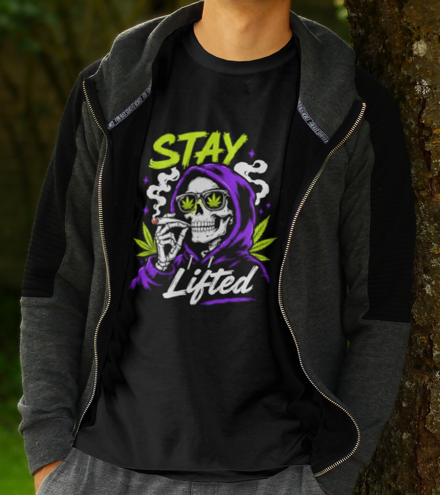 Stay Lifted Skeleton Smoking Weed Vapor Clouds Psychedelic T-Shirt