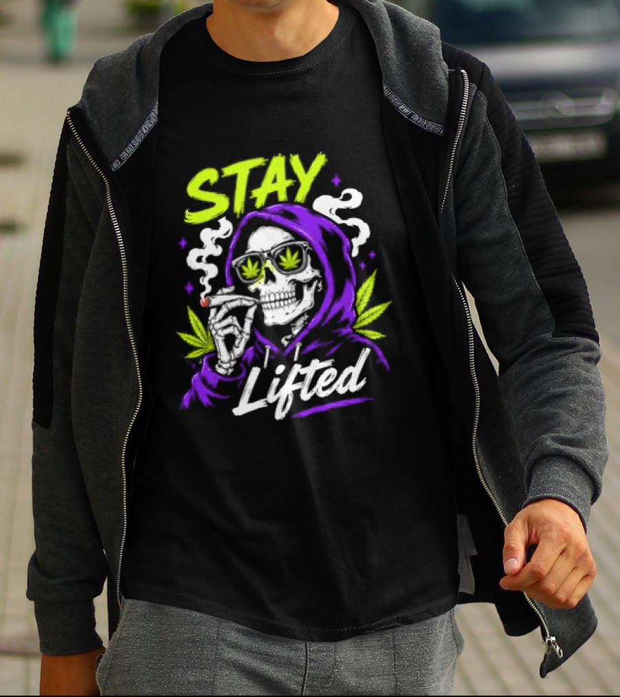 Stay Lifted Skeleton Smoking Weed Vapor Clouds Psychedelic T-Shirt