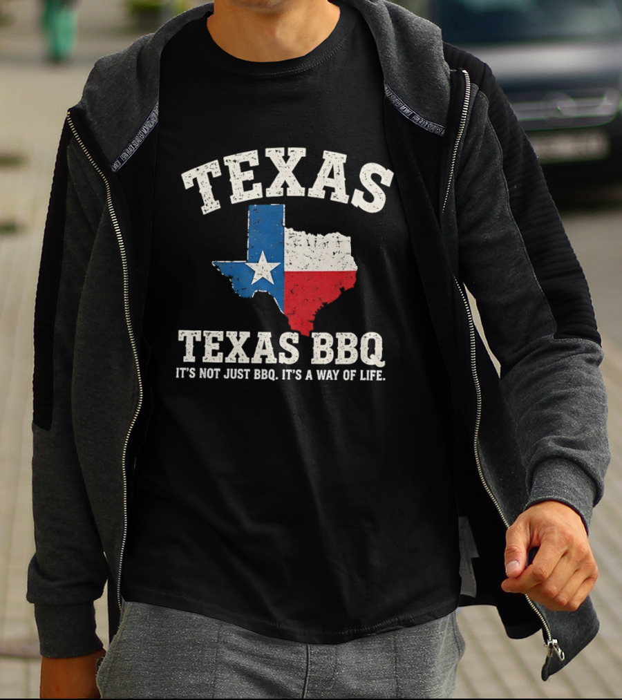 Texas BBQ It's Not Just BBQ It's A Way Of Life Texas Map With Lone Star Flag T-Shirt
