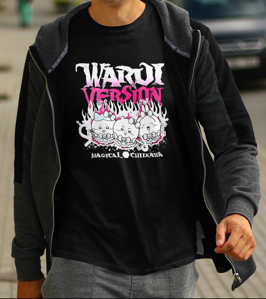 Warui Version Magical Chiikawa Characters In Fiery Pink And White T-Shirt