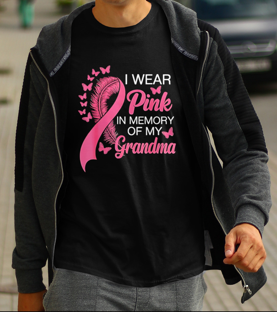 Breast Cancer Awareness I Wear Pink In Memory Of My Grandma Pink Ribbon With Butterflies T-Shirt