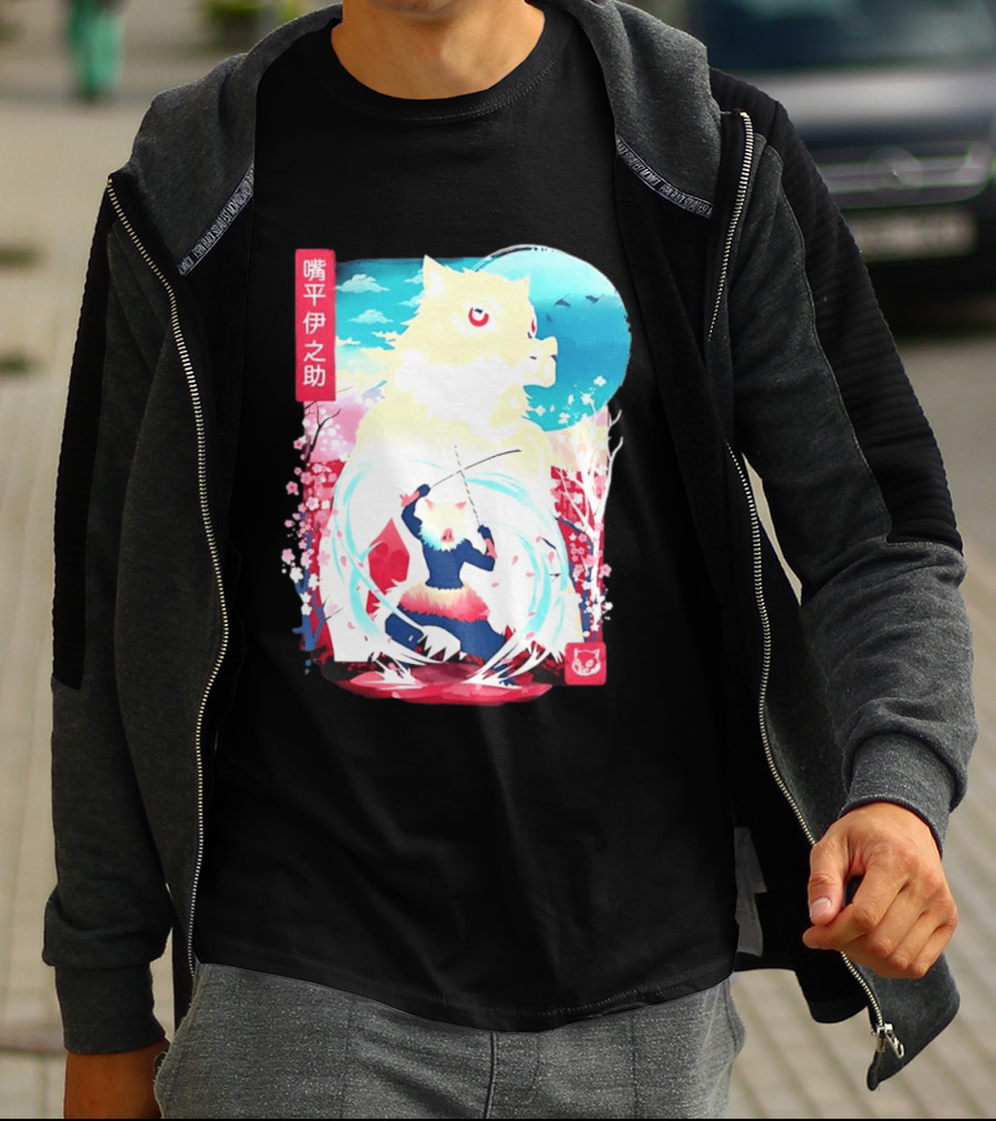 Inosuke Hashibira Boar Head Demon Slayer Anime Cherry Blossom Scene T-Shirt