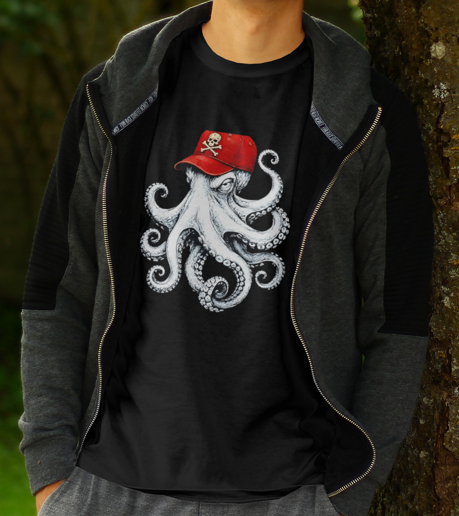 Octopus In Red Cap With Skull And Crossbones T-Shirt