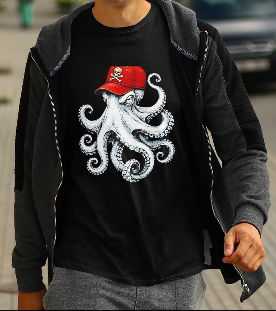 Octopus In Red Cap With Skull And Crossbones T-Shirt