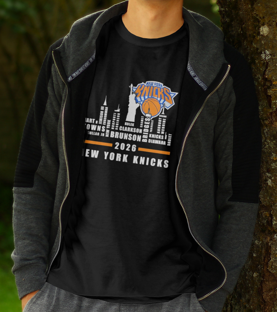 New York Knicks 2026 Jalen Brunson Mikal Bridges NBA Manhattan Skyline T-Shirt