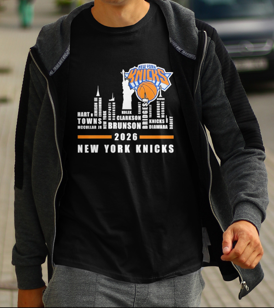 New York Knicks 2026 Jalen Brunson Mikal Bridges NBA Manhattan Skyline T-Shirt