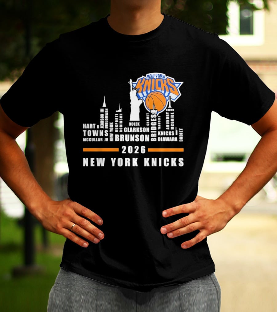 New York Knicks 2026 Jalen Brunson Mikal Bridges NBA Manhattan Skyline T-Shirt