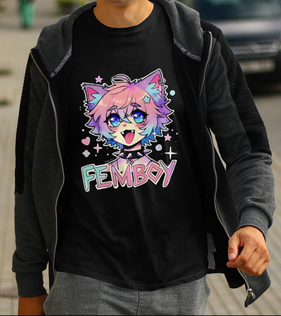 Femboy Catboy Nekomimi Anime Kawaii Pastel Sparkling Spiked Collar T-Shirt