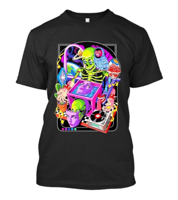 Green Skeleton Psychedelic Owl Surreal Heads Space Earth Trippy Mushrooms Record Player Adventure T-Shirt