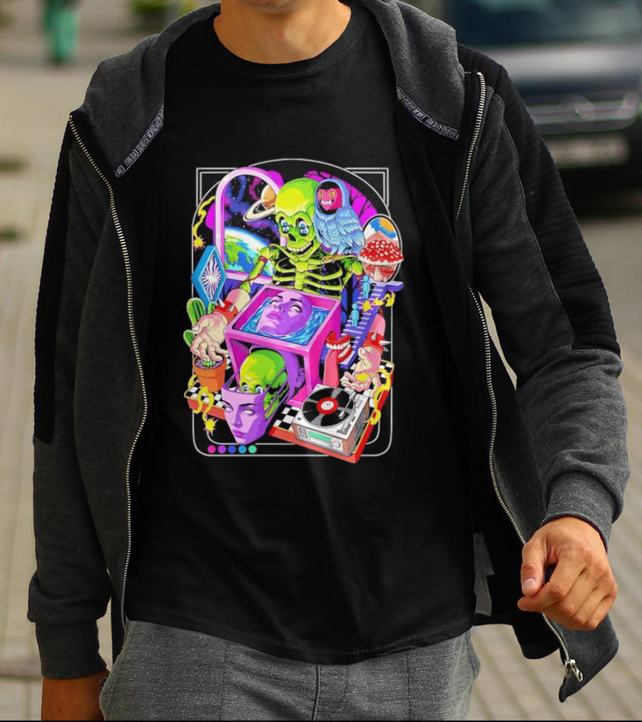 Green Skeleton Psychedelic Owl Surreal Heads Space Earth Trippy Mushrooms Record Player Adventure T-Shirt