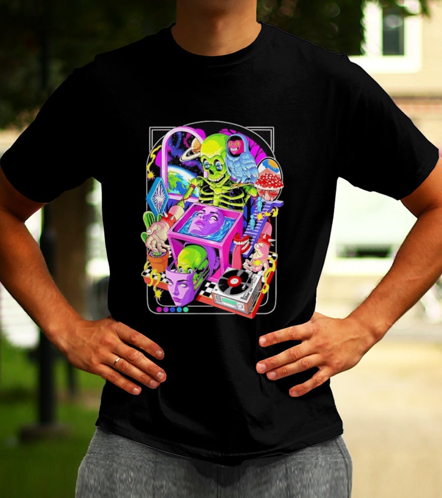 Green Skeleton Psychedelic Owl Surreal Heads Space Earth Trippy Mushrooms Record Player Adventure T-Shirt