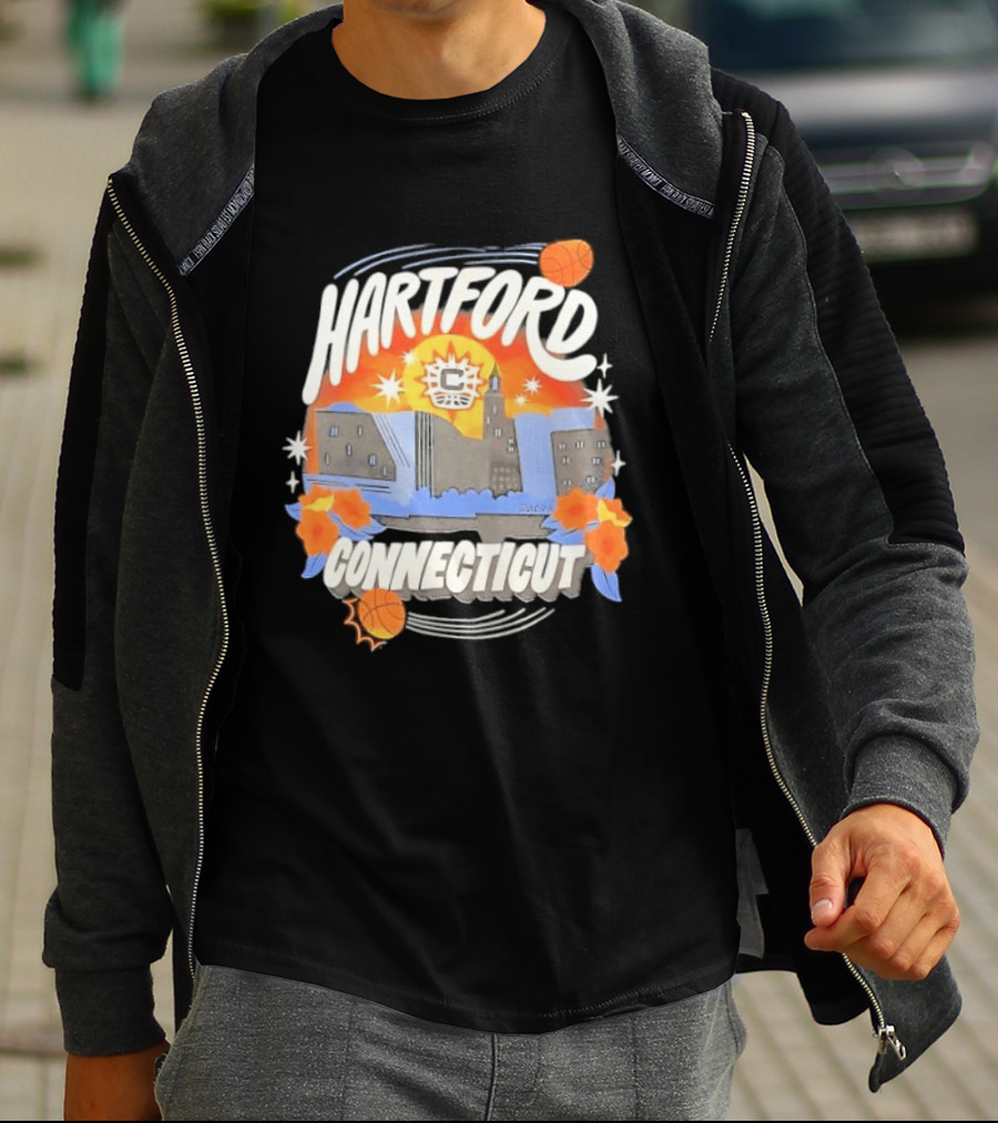 Hartford Connecticut Sun Basketball Skyline With Flowers And Basketballs T-Shirt
